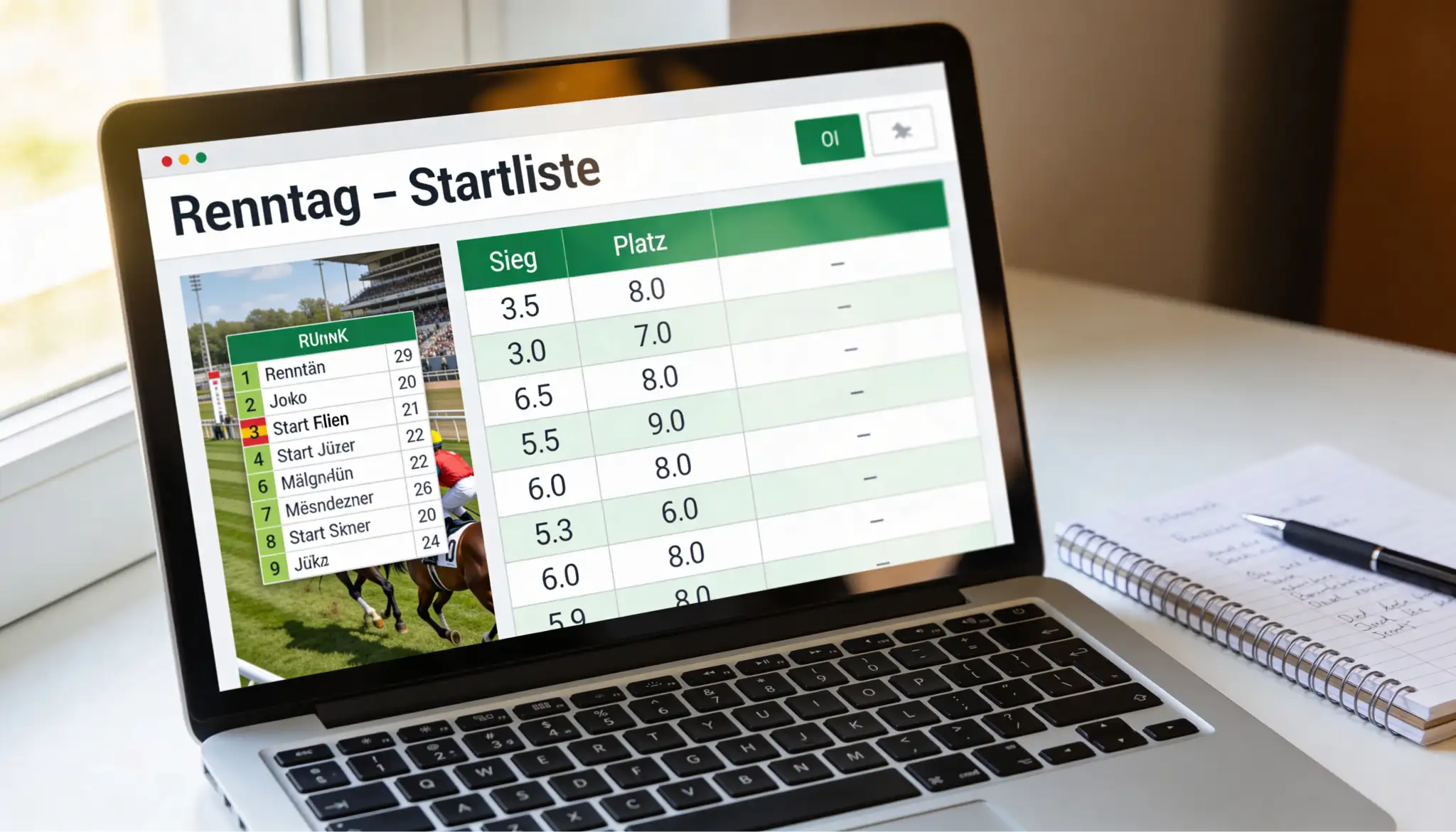 Laptop mit geoeffneter Pferdewetten-Plattform und Rennprogramm auf dem Bildschirm