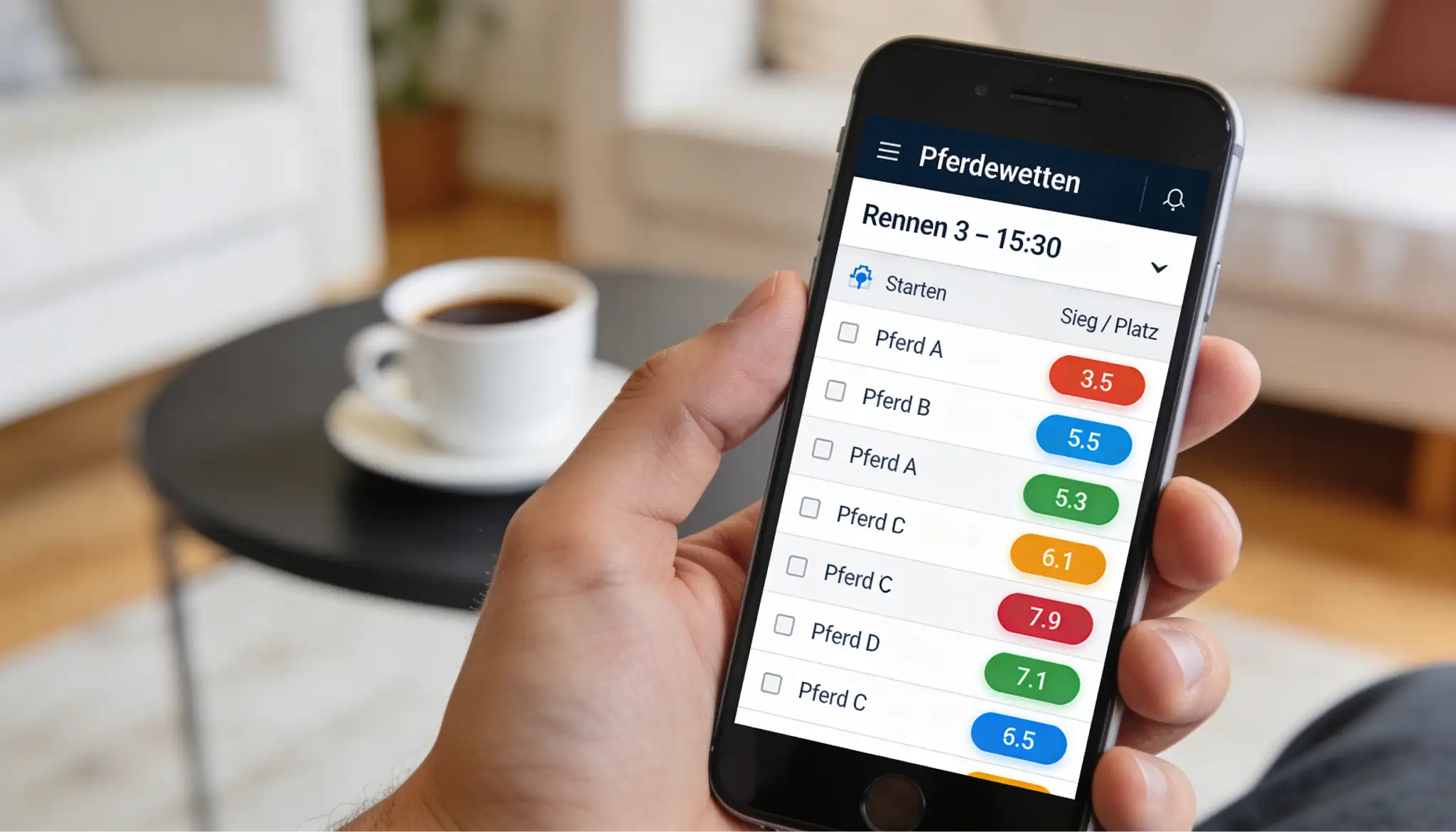 Smartphone mit einer Pferdewetten-App und Live-Quoten auf dem Bildschirm