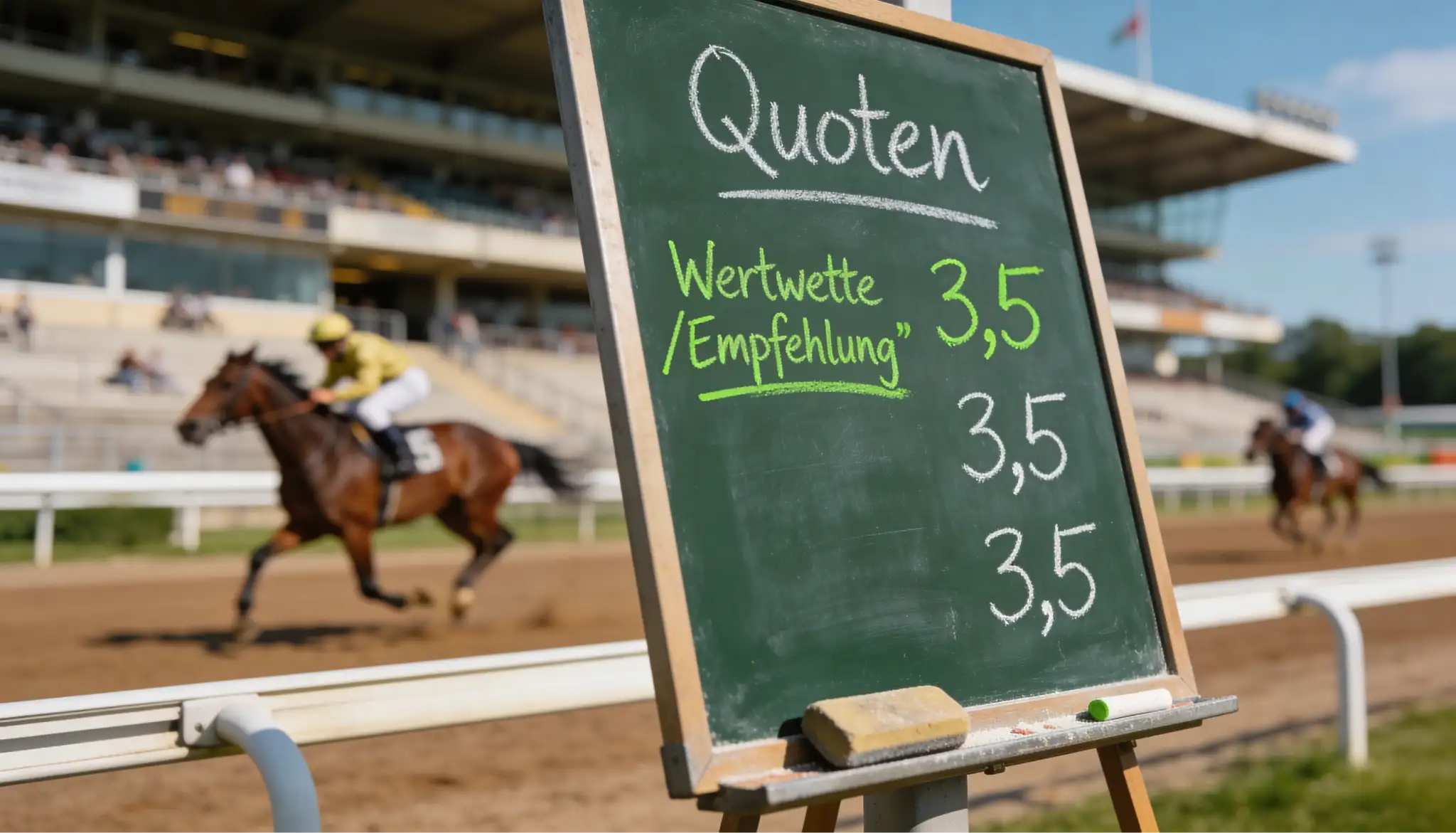 Quotentafel an einer Pferderennbahn mit hervorgehobener Wertquote fuer Value Betting